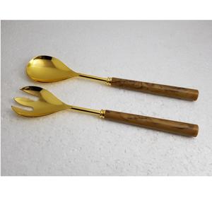 Atractivo Acero inoxidable chapado en oro con resina y mango de madera Servidor plano de mezcla y cocina de ensalada de acero inoxidable - Product Image 5