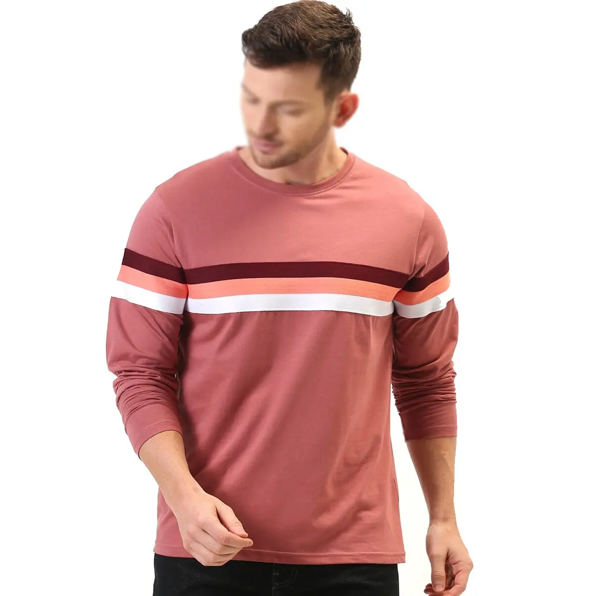 Men Pink Striped Round Neck T-shirt Breathable Slim Fit Top Quality Full Sleeves Men Shirts