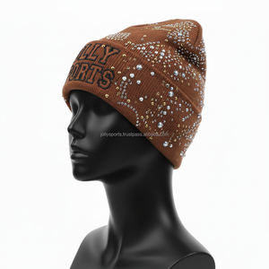 Bonnet en tricot acrylique GSM premium pour femme, élégant, avec strass, couleur marron, logo personnalisé disponible, bonnet jacquard. - Product Image 3