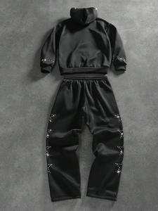 Ensemble de survêtement décontracté Streetrush unisexe, sweat-shirt à capuche et pantalon de survêtement léger imprimé avec des strass, fermeture éclair sur le devant - Product Image 4