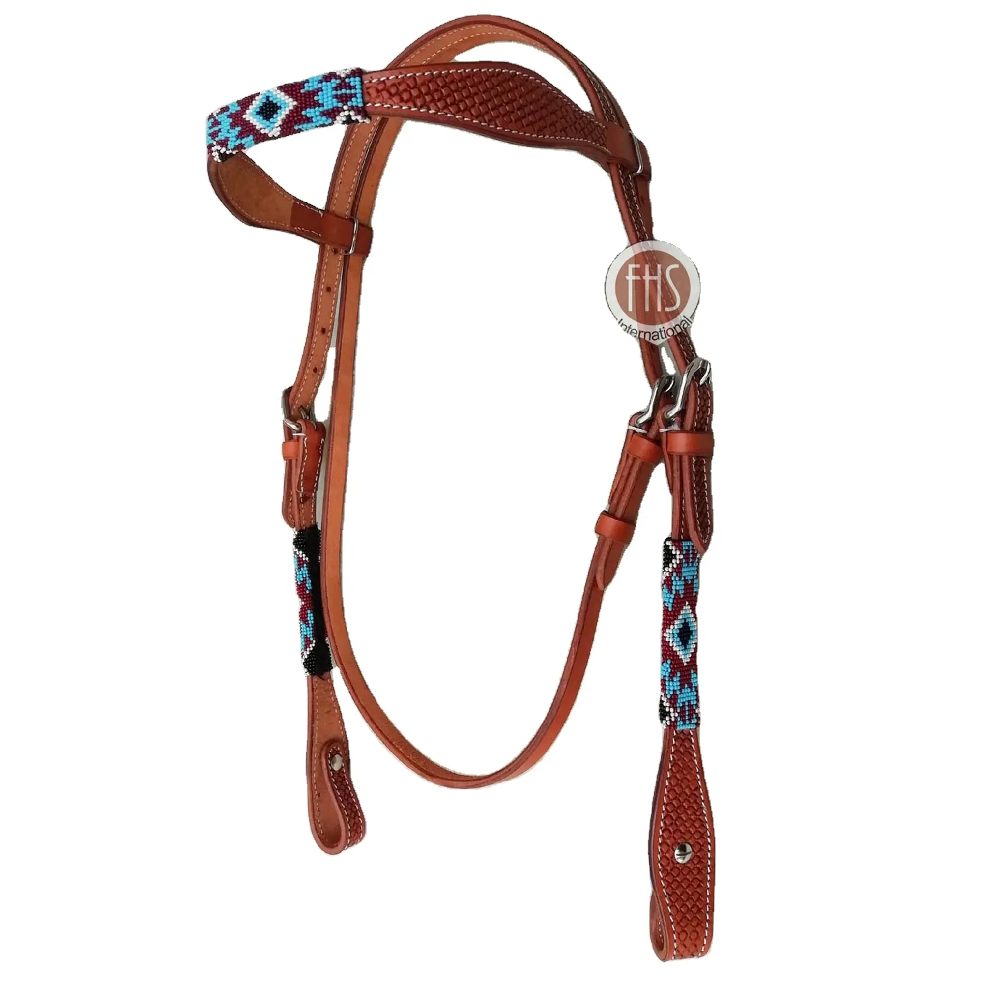 Koe Harnas Lederen-Western Horse Hoofdstel-Kralen Werk Wang Stukken En Brow-Band-Westerse Headstall