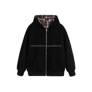 Sudadera con Capucha Orean Retro a Cuadros, Doble Cara, con Cierre, Estilo Urbano Y2K, Clásica, Negra, Invierno, Unisex, 100% Bordada - Product Image 6