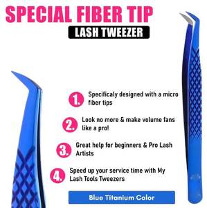 Pinzas para Extensión de Pestañas con Punta de Fibra de Acero Inoxidable con Recubrimiento de Color Azul para Aplicación Profesional en Salón - Product Image 2