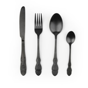 Set di posate da 4 pezzi in acciaio inossidabile nero resistente, stile lussuoso ed elegante per matrimoni, rivestimento PDV, finitura opaca barocca di Excels - Product Image 1