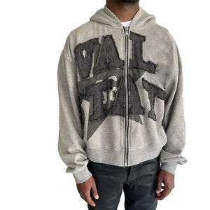 Parche desgastado de lavado ácido de Terry de gran tamaño Vintage personalizado para hombres para cortar y coser Zip Hoodie de gran tamaño - Product Image 2