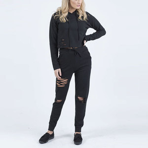 Ensemble de survêtement décontracté pour femme en coton doux, avec pantalon de survêtement à taille élastique, style usé - Product Image 5