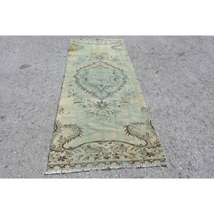 Alfombra Vintage de lana verde y Beige de 3,3x8,5 pies, hecha a mano, turca, gran área abstracta, rectángulo, pasillo, diseño de retazos, látex para habitación - Product Image 1