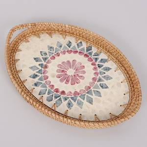 Plateau ovale durable en nacre avec motif géométrique en rotin, écologique, vente en gros pour l'hôtellerie, le stockage, les aliments et les boissons - Product Image 4