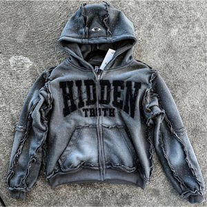 Fabricante de ropa Retro Sunfaded Distressed Zip Hoodie Sweatsuit STG estampado apliques bordado Sunfaded chándales para hombres - Product Image 6