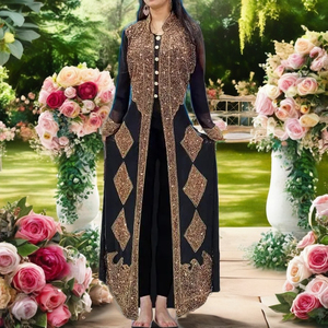 New Trendy Stylish Beautiful Chiffon Lace <b>Sequined</b> Floral Print <b>Jacket</b> Pant Set Applique Work Party Wedding Ethnic Outfit - Product Image 3