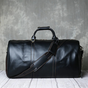 Sac de voyage week-end en cuir véritable pliable léger portable noir avec fermeture éclair et doublure en polyester durable - Product Image 6