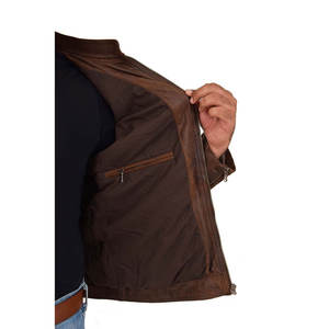 Veste en cuir véritable matelassée avec doublure en viscose, fermeture éclair, marron, coupe-vent, col montant, personnalisable avec logo, pour hommes, vente en gros - Product Image 5