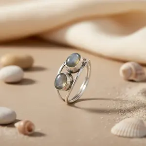 Bague en argent sterling 925 à double pierre pour femmes, bijoux géométriques en pierres précieuses avec placage en rhodium, cadeau de mode raffiné - Product Image 2