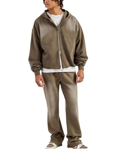 Chándal de algodón unisex vintage personalizado con cremallera completa, lavado ácido, talla grande, liso, con estampado de pedrería OEM 2026 - Product Image 5