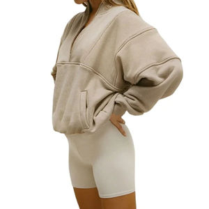 Custom Embossed Logo Oversize Heavy Cotton Sports Workout Wear Half <b>Zip</b> Womens <b>Hoodie</b> Sweatshirts With <b>Pocket</b> - Product Image 4