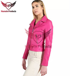 Womens Real <b>Pink</b> Leather Biker <b>Jacket</b> Asymmetric Zip Belted Waist Sheepskin Coat Lapel Zipper Pockets Custom Fit Outwear New - Product Image 5