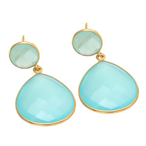 Natural Aqua Calcedonia redonda y pera facetada corte piedra preciosa 18K chapado en oro S925 plata esterlina delicada declaración pendientes colgantes - Product Image 1