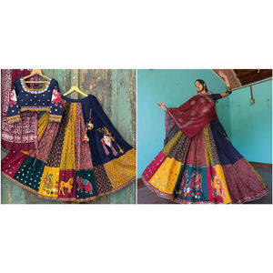 Elegante ropa de invierno étnica india cosida mantequilla seda Lehenga espejo trabajo impresiones digitales blusa sin costuras encaje Dupatta fiestas - Product Image 1