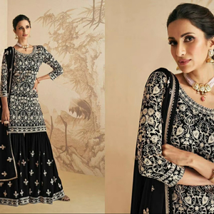 Trending Eid Gharara Elegante Fox Georgette Outfit con bordado pesado y Plazzo Semi-Cosido Santoon Interior para fiestas - Product Image 1