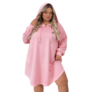Vestido de Punto de Algodón con Capucha y Hombros Caídos para Mujer, Color Rosa, Invierno, Talla Grande, Estilo Urbano, Personalizable - Product Image 1