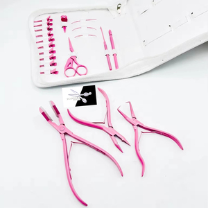 Pink Hair Extension Removal Tools Kit Metal Rigging Needle Set Clip Ring Applicator <b>Case</b> Salon Use Academy - Product Image 4