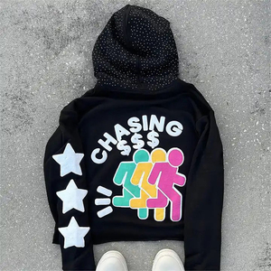 Sudadera con capucha de lana de algodón 500GSM de peso pesado personalizable para hombre con estampado de diseño de diamantes de imitación de alta calidad para la temporada de invierno - Product Image 2