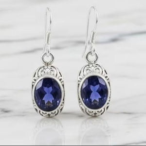 Deep Blue Sapphire Drop Earrings Sterling Silver Oval Dangle Earrings Scrollwork Detail September Birthstone Gift - Product Image 1