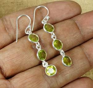 Boucles d'oreilles pendantes en argent sterling avec péridot, faites à la main, 3 pierres, bijoux en pierres précieuses, cadeaux élégants pour femmes - Product Image 5