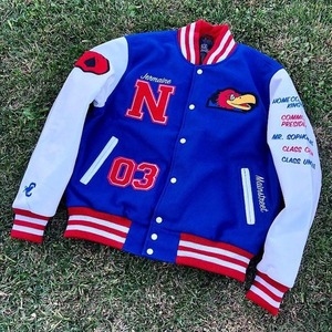 OEM Custom Logo Embroidery Bomber <b>Jackets</b> <b>Leather</b> Sleeves <b>Retro</b> Letterman Baseball Varsity <b>Jacket</b> for Men - Product Image 4