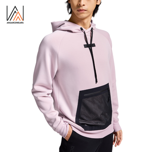 Custom Men Hoodie OEM ODM Pink Pullover Hoodie Front Quarter Zip Mesh Pocket Streetwear Moda Sudadera con capucha Fabricante - Product Image 5
