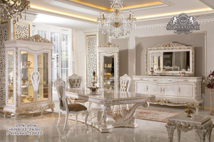 Juego de Muebles de Comedor Modernos de Madera de Teca Tallada a Mano, Duraderos, con Aspecto Metálico y Elegante, Estilo Barroco Real, Juego de Mesa de Comedor para 6 Personas - Product Image 2