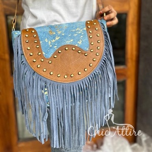 กระเป๋าถือขอบสีฟ้าสีฟ้าของผู้หญิงกระเป๋าขอบสีฟ้าหนังกลับสไตล์ตะวันตกใหม่ - Product Image 1