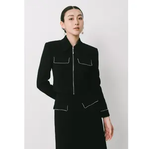 Formal Elegant Long Sleeve Black Jackets For Women Wholesale Price ERZA CROPPED JACKET Good Triacetate Fabric Luxury LocaL Brand