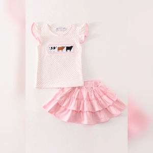 Lindo y cómodo conjunto de falda de niña con bordado de vaca Rosa Tema de granja o uso diario con falda y Top para bebé - Product Image 1