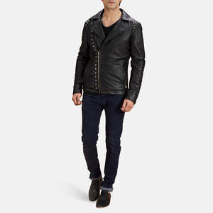 Black Studded Genuine Sheepskin and Cowhide Leather <b>Biker</b> <b>Jacket</b> Reversible Design XS to XL Sizes Autumn Season ODM Coated - Product Image 3