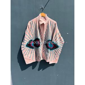 Unisex Autumn Winter Jacket Peach Velvet with Uzbek Floral Embroidery Stand Collar and Cotton Lining Women's <b>Coat</b> - Product Image 1