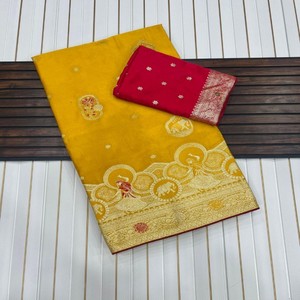 Sari en soie satinée Mashru pure, tissage jacquard Meenakari, avec pallu riche, chemisier contrasté, teint à la main, léger, sari de qualité supérieure - Product Image 2