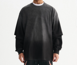 T-shirt ample de haute qualité pour le streetwear, à manches longues et double couche, 100% coton, personnalisable pour homme. - Product Image 1