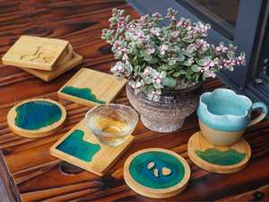 <b>Clear</b> <b>Resin</b> and Stone Coasters with Real Leaves, Eco-Inspired <b>Epoxy</b> Drink Pads for Elegant Natural Home Interiors - Product Image 6