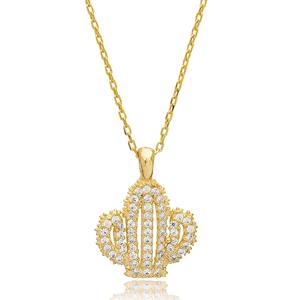 Colgante con Diseño de Cactus y Circonita Transparente, Hecho a Mano en Turquía, Chapado en Rodio y Oro, Plata de Ley 925, Joyería de Regalo - Product Image 4