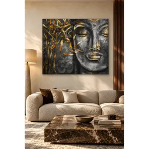 Impression sur toile Fida avec feuilles de bambou dorées, visage de Bouddha et symbole Om - Product Image 2