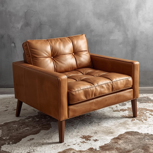 Mid Century Modern Genuine Leather Accent <b>Chair</b> Straight Arm Tufted Back Comfy Upholstered <b>Chair</b> for Living Room Bedroom - Product Image 1