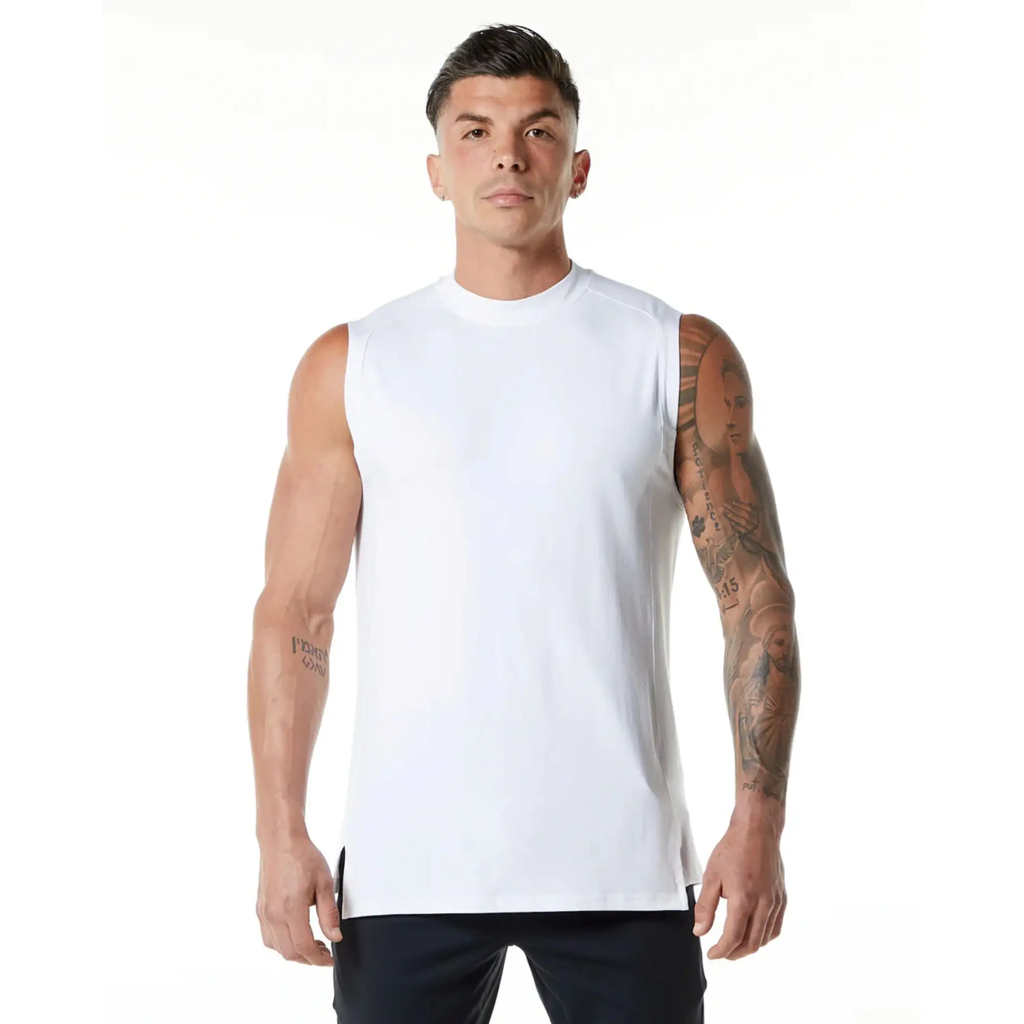 Tapered Fit Sem Mangas Physique Enhancing Armhole Cut Tors Alongado 100% Algodão Branco Mens de Alta Pescoço PremiumBreathableTank Top