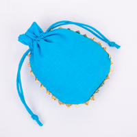 Pochette organisateur de bijoux en coton turquoise fait main en Inde, lavable, style bohème, avec cordon de serrage, artisanat ethnique, logo personnalisé, sac cadeau