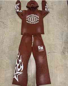 Ropa de calle lavada con piedras ácidas personalizada, pantalones acampanados abiertos de pierna ancha holgados, chándal con estampado de diamantes de imitación, sudadera con dobladillo crudo - Product Image 3