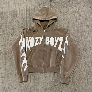 Sudadera con Capucha para Hombre, Gruesa, de Invierno, 420GSM, 100% Algodón, con Cierre, Logotipo Frontal Personalizado, Patrón de Parches Bordados, Estilo Vintage, Talla Grande - Product Image 6