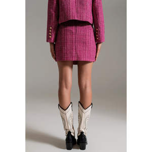 Minifalda de Tweed Rosa con Cintura Imperio de Satén, Botones y Decoración de Plumas, Estampado Vintage, Estilos Lápiz y Cruzado, Talla XS para el Trabajo - Product Image 1