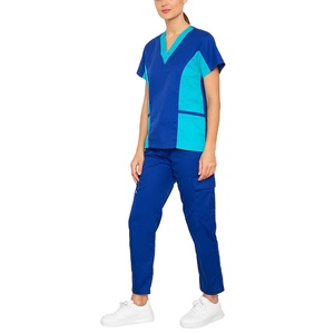 Conjunto de Uniformes Médicos Personalizados en Azul Rey y Verde Azulado para Mujer, Top con Cuello en V y Pantalones con Paneles en Contraste, Uniforme de Enfermera Elástico y Cómodo, Venta al Por Mayor - Product Image 2
