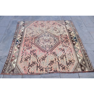 Vintage Rug, 5.1x4.9 ft Turkish Rug, <b>Brown</b> Pink Patchwork <b>Wool</b> Rug - Product Image 1