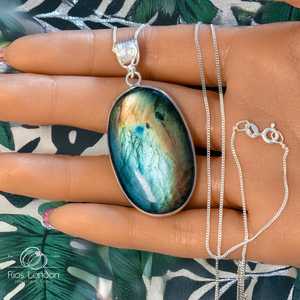 Collar de labradorita natural Cadena de Plata de Ley 925 Colgante de piedras preciosas grandes Regalo en caja para mujeres - Product Image 1